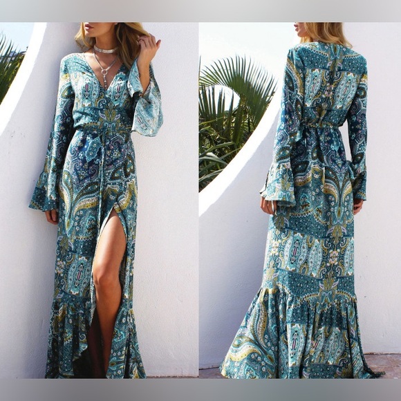 R. Vivimos Maxi Wrap Dress Blue Aqua Boho Printed Ruffle Long Sleeve - Picture 2 of 9